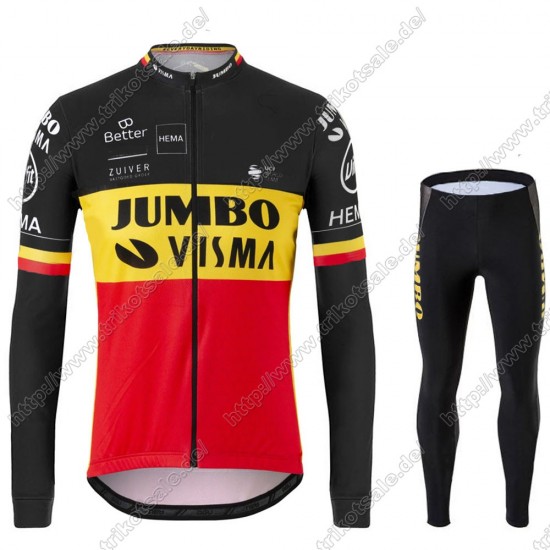 Jumbo Visma 2021 Belgium Fahrradbekleidung Radtrikot Langarm+Lang Trägerhose HLURW Jumbo Visma 2021 Belgium Fahrradbekleidung Radtrikot Langarm+Lang Trägerhose HLURW